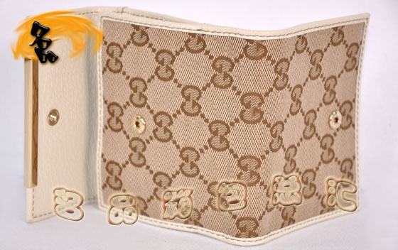 112716 Gucci經典雙G花布時尚女士錢夾 Gucci短款錢包 Gucci女包 杏配米白色