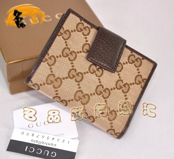 112716 Gucci經(jīng)典雙G花布時尚女士錢夾 Gucci短款錢包 Gucci女包 杏配深啡色