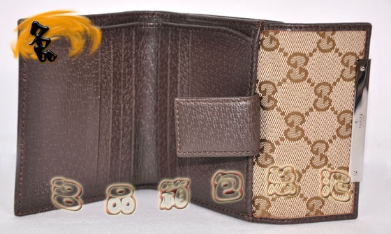 112716 Gucci經(jīng)典雙G花布時尚女士錢夾 Gucci短款錢包 Gucci女包 杏配深啡色