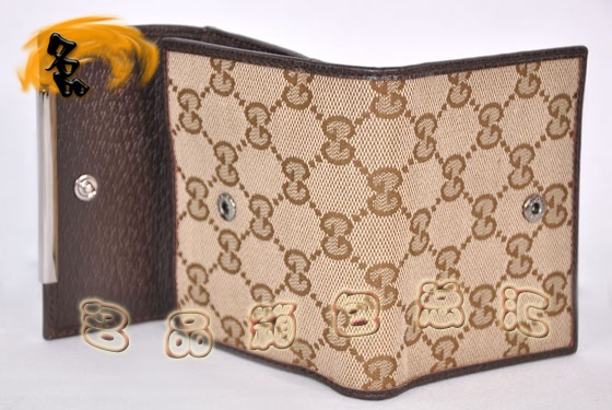 112716 Gucci經(jīng)典雙G花布時尚女士錢夾 Gucci短款錢包 Gucci女包 杏配深啡色