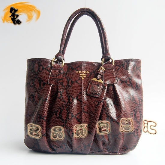 69588 Prada最新款 蛇紋女士手提包 普拉達進口牛皮時尚休閑女包 棗紅色