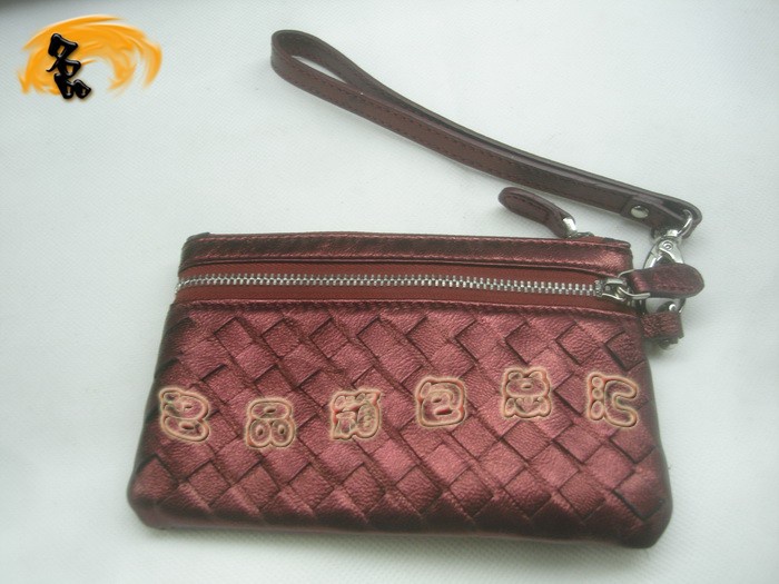 08763 Bottega Veneta羊皮編織錢包 手抓包 BV零錢包 Bottega硬幣包 棗紅色