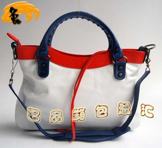 084331 巴黎世家女包 新款拼色頭層牛皮女士機(jī)車包 Balenciaga手提包 單肩包 白色