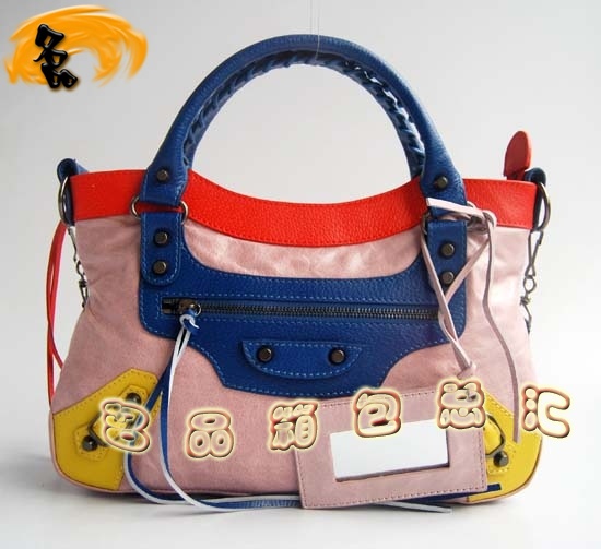 084331 巴黎世家女包 新款拼色頭層牛皮女士機車包 Balenciaga手提包 單肩包 粉色