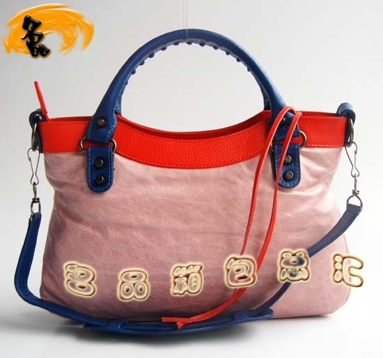 084331 巴黎世家女包 新款拼色頭層牛皮女士機車包 Balenciaga手提包 單肩包 粉色