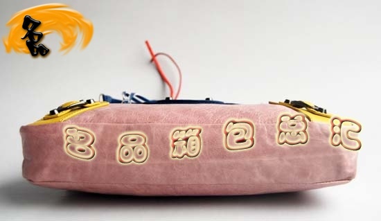 084331 巴黎世家女包 新款拼色頭層牛皮女士機車包 Balenciaga手提包 單肩包 粉色