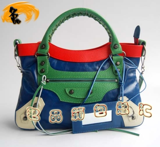 084331 巴黎世家女包 拼色頭層牛皮女士機車包 Balenciaga手提包 單肩包 藍配紅色