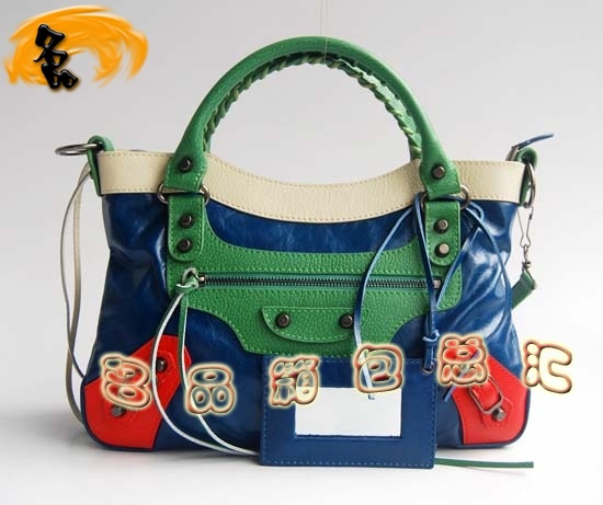 084331 巴黎世家女包 拼色頭層牛皮女士機車包 Balenciaga手提包 單肩包 藍配米白色