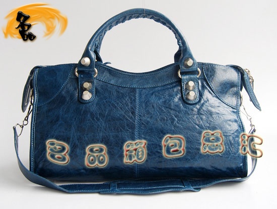 084328A Balenciaga單肩包 Balenciaga機車包 巴黎世家手提包 進口羊皮女包 深藍色