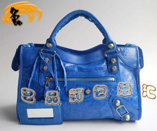 084332A Balenciaga機車包 單肩包 巴黎世家手提包 進口羊皮大銀釘時尚女包 藍色