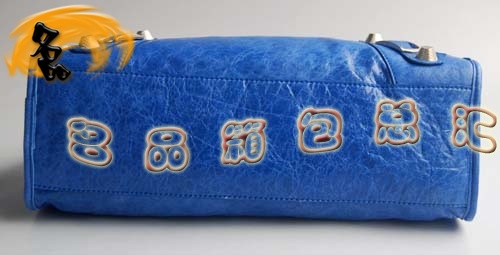 084332A Balenciaga機車包 單肩包 巴黎世家手提包 進口羊皮大銀釘時尚女包 藍色