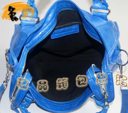 084332A Balenciaga機車包 單肩包 巴黎世家手提包 進口羊皮大銀釘時尚女包 藍色