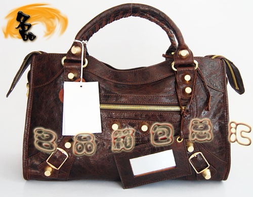 084332B Balenciaga機車包 單肩包 巴黎世家手提包 進口羊皮大金釘時尚女包 啡色