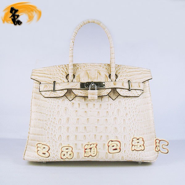 6088 愛馬仕女包 Hermes手提包 Hermes Birkin 鉑金包 鱷魚頭紋(30) 米白色銀扣