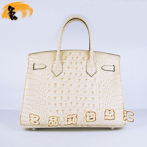 6088 愛馬仕女包 Hermes手提包 Hermes Birkin 鉑金包 鱷魚頭紋(30) 米白色銀扣