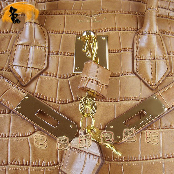 6088 愛馬仕女包 Hermes手提包 Hermes Birkin 鉑金包 鱷魚紋(30) 淺啡色金扣