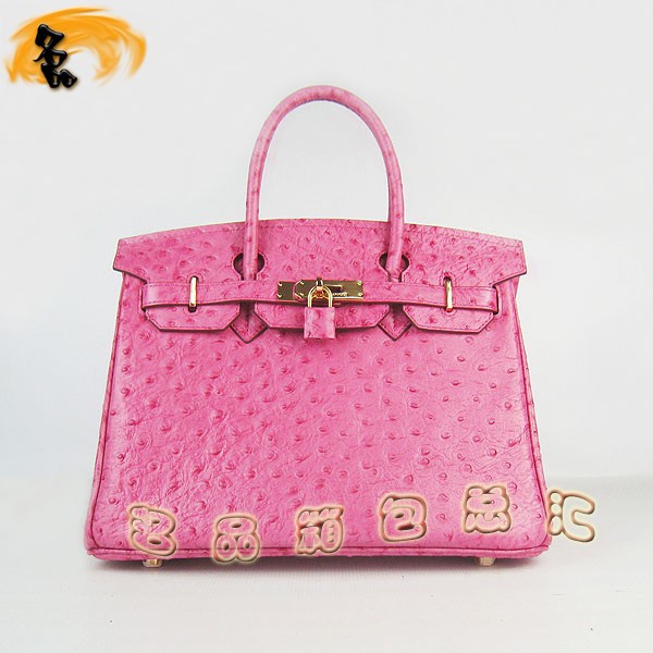 6088 愛(ài)馬仕女包 Hermes手提包 Hermes Birkin 鉑金包 鴕鳥(niǎo)紋(30) 玫紅色金扣