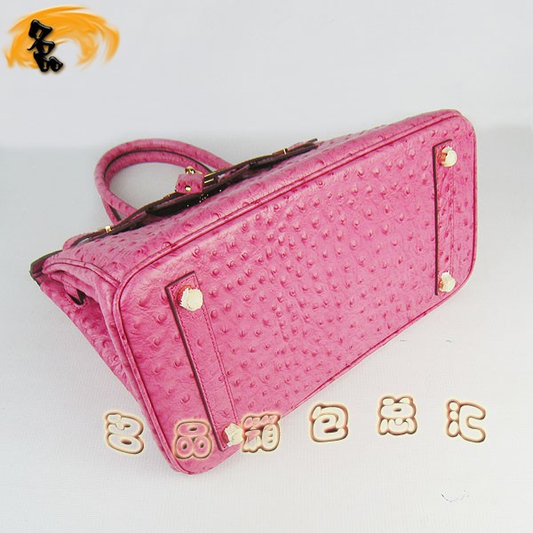 6088 愛(ài)馬仕女包 Hermes手提包 Hermes Birkin 鉑金包 鴕鳥(niǎo)紋(30) 玫紅色金扣