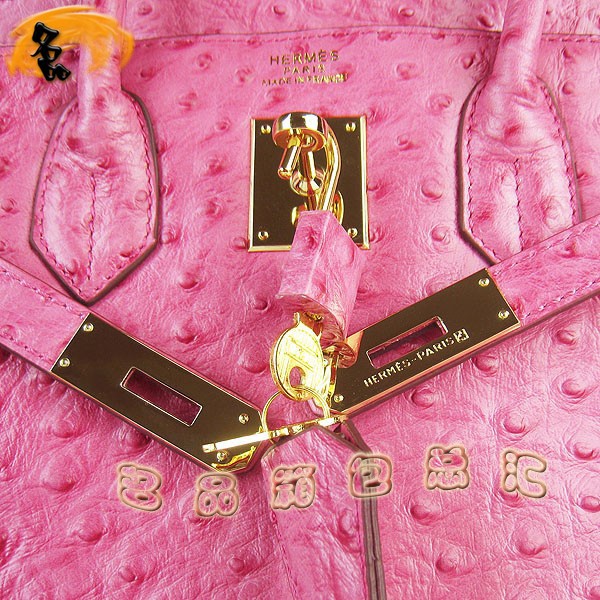 6088 愛(ài)馬仕女包 Hermes手提包 Hermes Birkin 鉑金包 鴕鳥(niǎo)紋(30) 玫紅色金扣