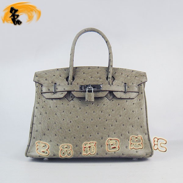 6088 愛(ài)馬仕女包 Hermes手提包 Hermes Birkin 鉑金包 鴕鳥(niǎo)紋(30) 卡其色銀扣
