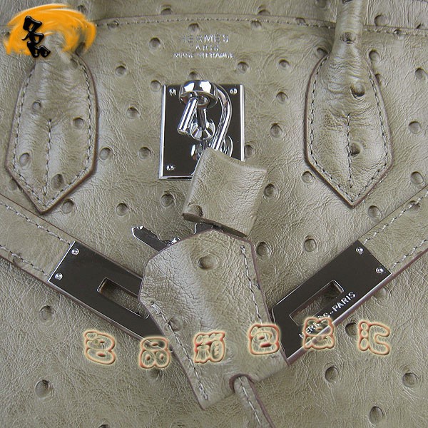 6088 愛(ài)馬仕女包 Hermes手提包 Hermes Birkin 鉑金包 鴕鳥(niǎo)紋(30) 卡其色銀扣