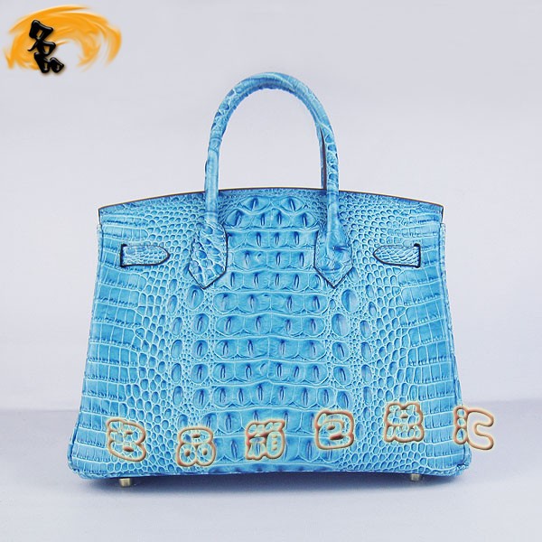 6088 愛馬仕女包 Hermes手提包 Hermes Birkin 鉑金包 鱷魚頭紋(30) 淺藍(lán)色金扣
