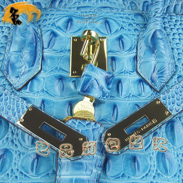 6088 愛馬仕女包 Hermes手提包 Hermes Birkin 鉑金包 鱷魚頭紋(30) 淺藍(lán)色金扣