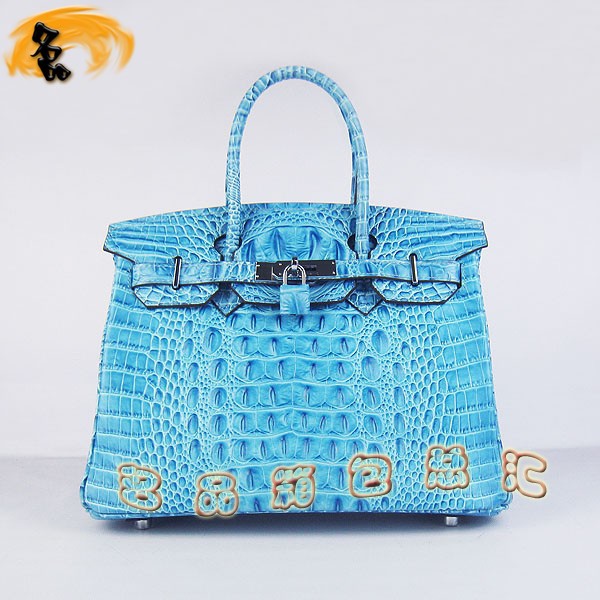 6088 愛馬仕女包 Hermes手提包 Hermes Birkin 鉑金包 鱷魚頭紋(30) 淺藍色銀扣