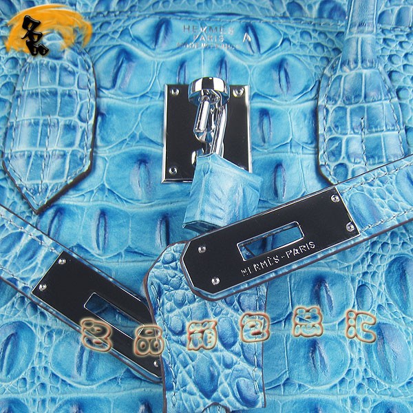 6088 愛馬仕女包 Hermes手提包 Hermes Birkin 鉑金包 鱷魚頭紋(30) 淺藍色銀扣