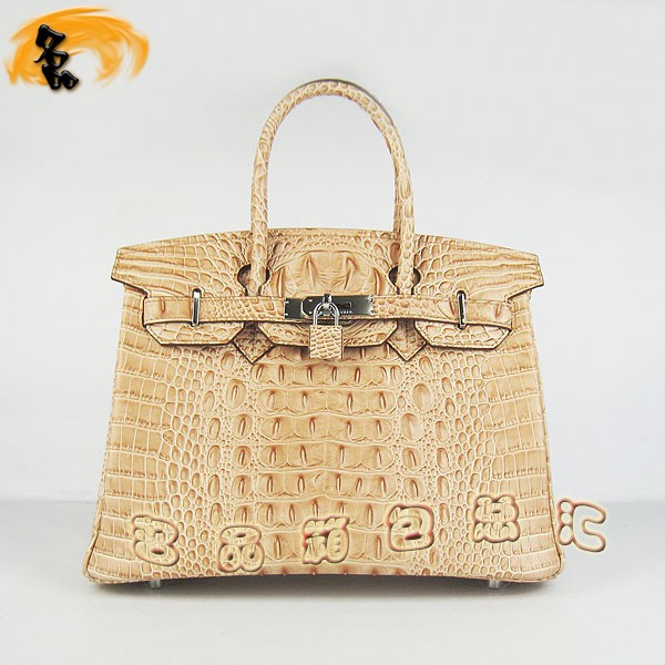 6088 愛(ài)馬仕女包 Hermes手提包 Hermes Birkin 鉑金包 鱷魚(yú)頭紋(30) 土黃色銀扣
