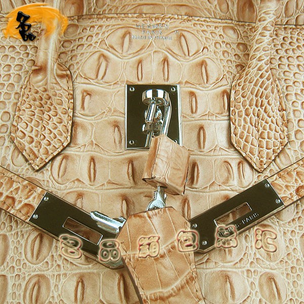 6088 愛(ài)馬仕女包 Hermes手提包 Hermes Birkin 鉑金包 鱷魚(yú)頭紋(30) 土黃色銀扣