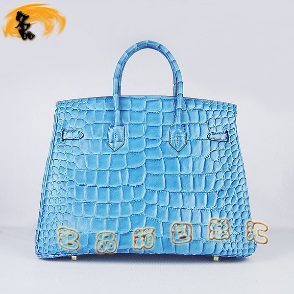 6089 愛馬仕女包 Hermes手提包 Hermes Birkin 鉑金包 鱷魚紋(35) 淺藍色金扣