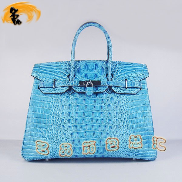 6089 Hermes Birkin 鉑金包愛馬仕女包 Hermes手提包 鱷魚頭紋(35) 淺藍色銀扣