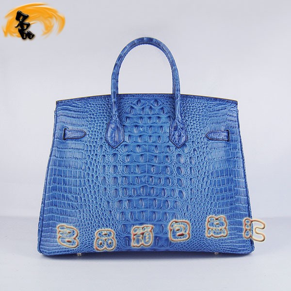 6089 愛馬仕女包 Hermes手提包 Hermes Birkin 鉑金包 鱷魚頭紋(35) 深藍色金扣