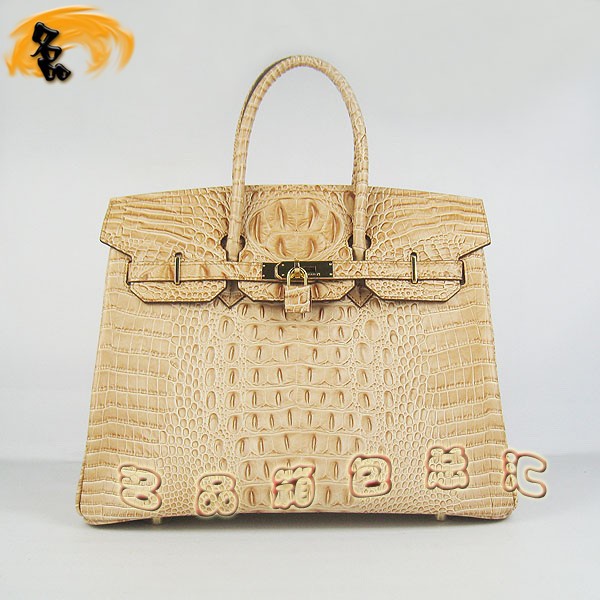 6089 愛馬仕女包 Hermes手提包 Hermes Birkin 鉑金包 鱷魚頭紋(35) 土黃色金扣