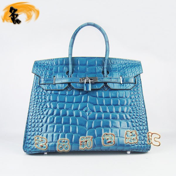 6089 Hermes Birkin 鉑金包 愛馬仕女包 Hermes手提包 鱷魚紋(35) 中藍色銀扣
