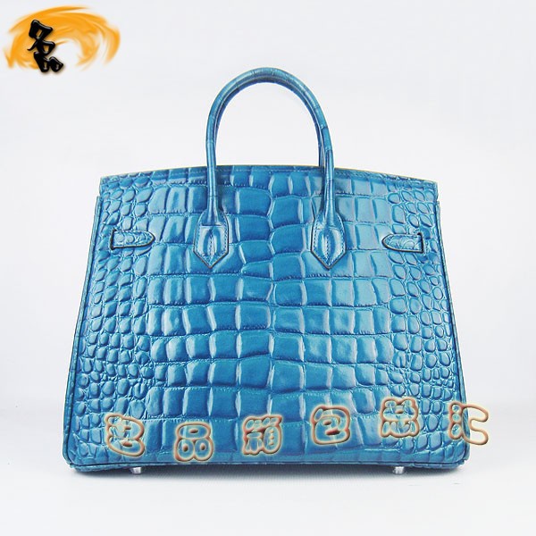 6089 Hermes Birkin 鉑金包 愛馬仕女包 Hermes手提包 鱷魚紋(35) 中藍色銀扣