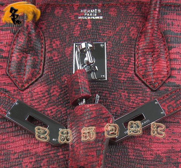 6089 Hermes Birkin 鉑金包 愛(ài)馬仕女包 Hermes手提包 蜥蜴紋(35) 紅色銀扣