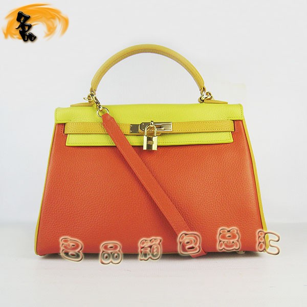 6108 凱莉包 Hermes女包 手提包 愛馬仕斜挎包 Hermes Kelly Bag 配色荔枝紋 綠橙黃色金扣