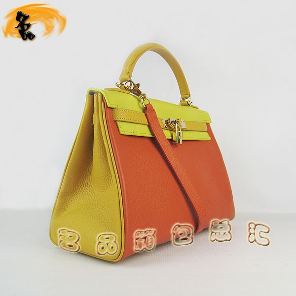6108 凱莉包 Hermes女包 手提包 愛馬仕斜挎包 Hermes Kelly Bag 配色荔枝紋 綠橙黃色金扣