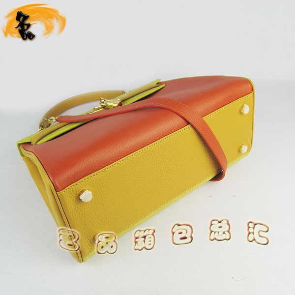 6108 凱莉包 Hermes女包 手提包 愛馬仕斜挎包 Hermes Kelly Bag 配色荔枝紋 綠橙黃色金扣