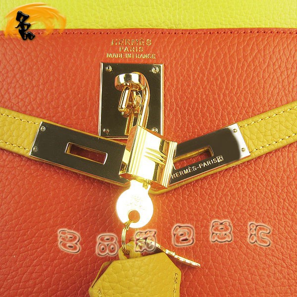 6108 凱莉包 Hermes女包 手提包 愛馬仕斜挎包 Hermes Kelly Bag 配色荔枝紋 綠橙黃色金扣