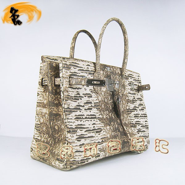 6089 Hermes手提包 愛馬仕女包 Hermes Birkin 鉑金包 蜥蜴紋(35) 米白色銀扣