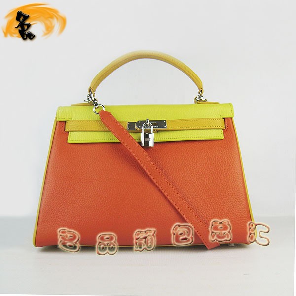 6108 凱莉包 Hermes女包 手提包 愛馬仕斜挎包 Hermes Kelly Bag 配色荔枝紋 綠橙黃色銀扣