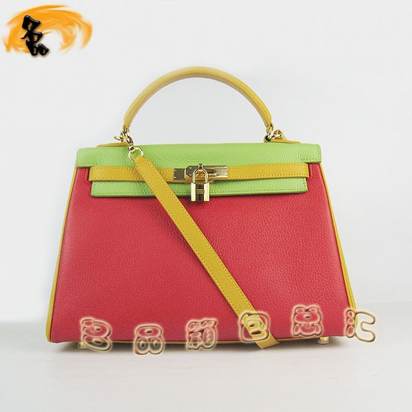 6108 凱莉包 Hermes女包 手提包 愛馬仕斜挎包 Hermes Kelly Bag 配色荔枝紋 紅綠黃色金扣