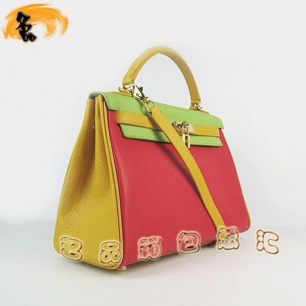 6108 凱莉包 Hermes女包 手提包 愛馬仕斜挎包 Hermes Kelly Bag 配色荔枝紋 紅綠黃色金扣