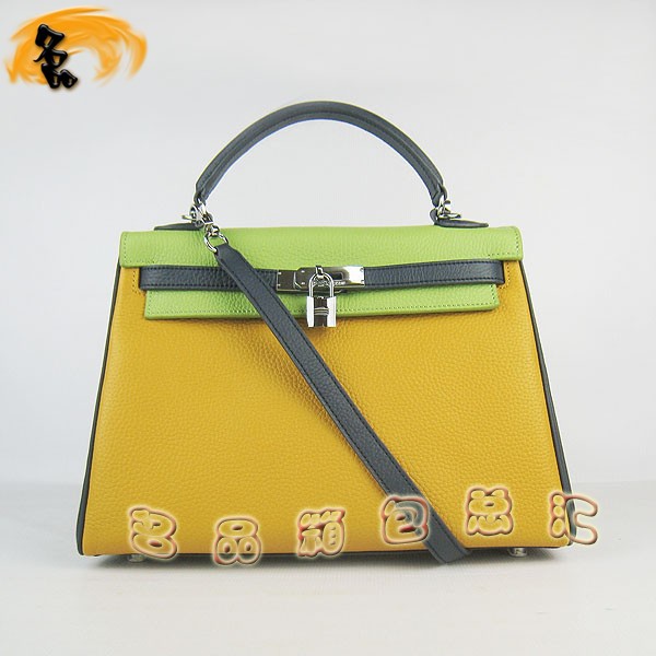 6108 凱莉包 Hermes女包 手提包 愛馬仕斜挎包 Hermes Kelly Bag 配色荔枝紋 黃藍(lán)綠色銀扣