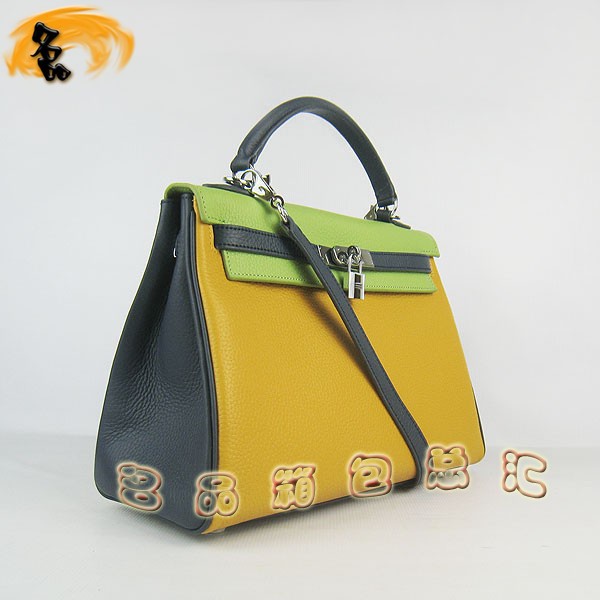 6108 凱莉包 Hermes女包 手提包 愛馬仕斜挎包 Hermes Kelly Bag 配色荔枝紋 黃藍(lán)綠色銀扣