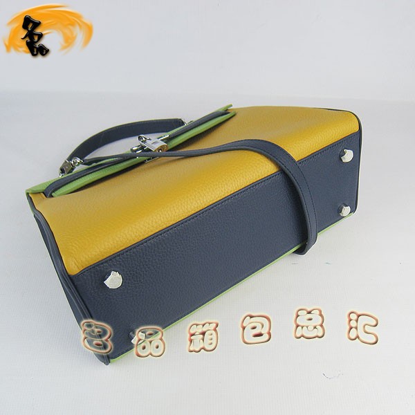 6108 凱莉包 Hermes女包 手提包 愛馬仕斜挎包 Hermes Kelly Bag 配色荔枝紋 黃藍(lán)綠色銀扣