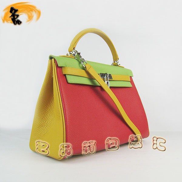 6108 凱莉包 Hermes女包 手提包 愛馬仕斜挎包 Hermes Kelly Bag 配色荔枝紋 紅綠黃色銀扣